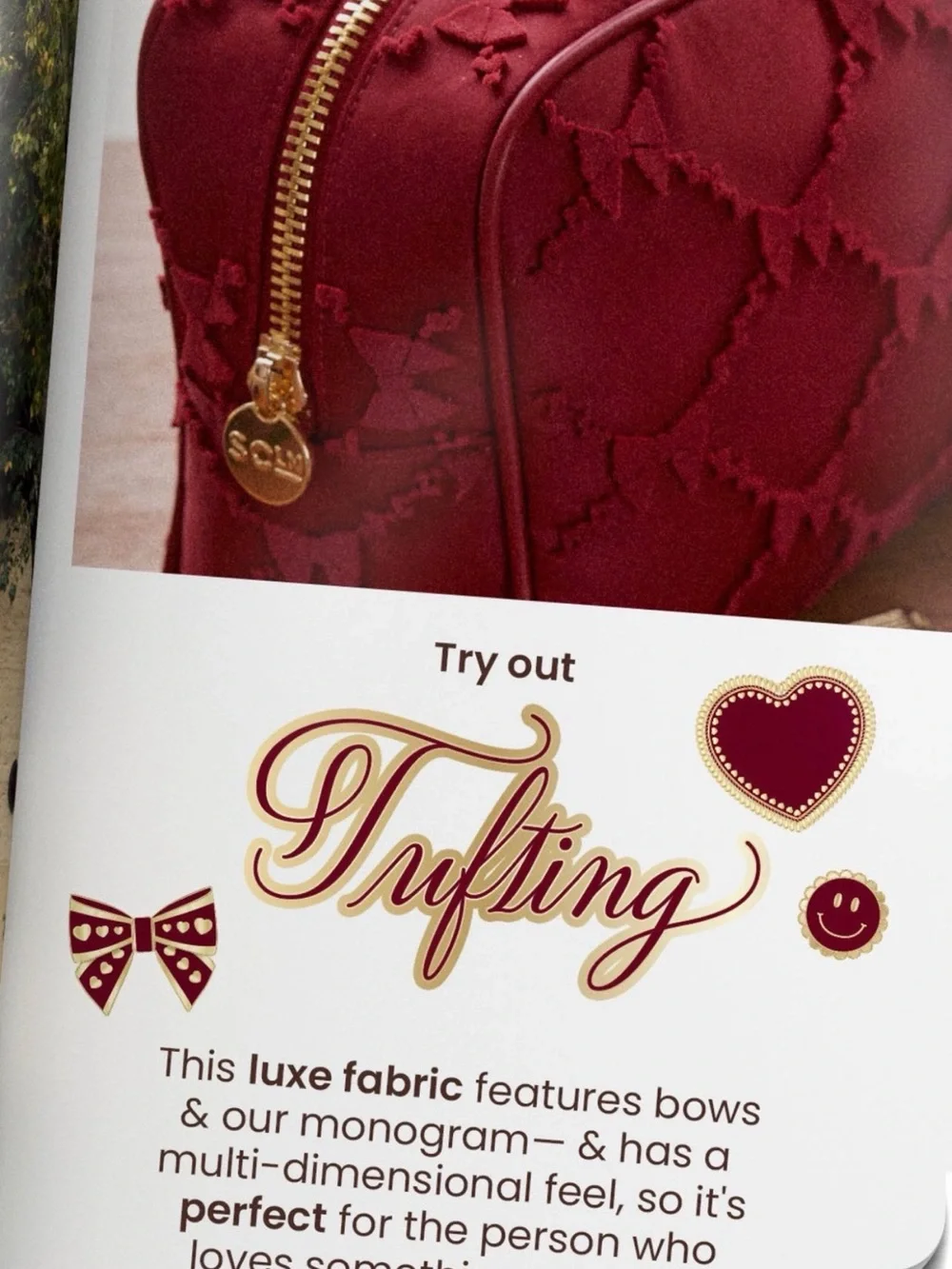Stoney Clover Lane Burgundy Red tufted Bow large Cosmetic Pouch NWT
